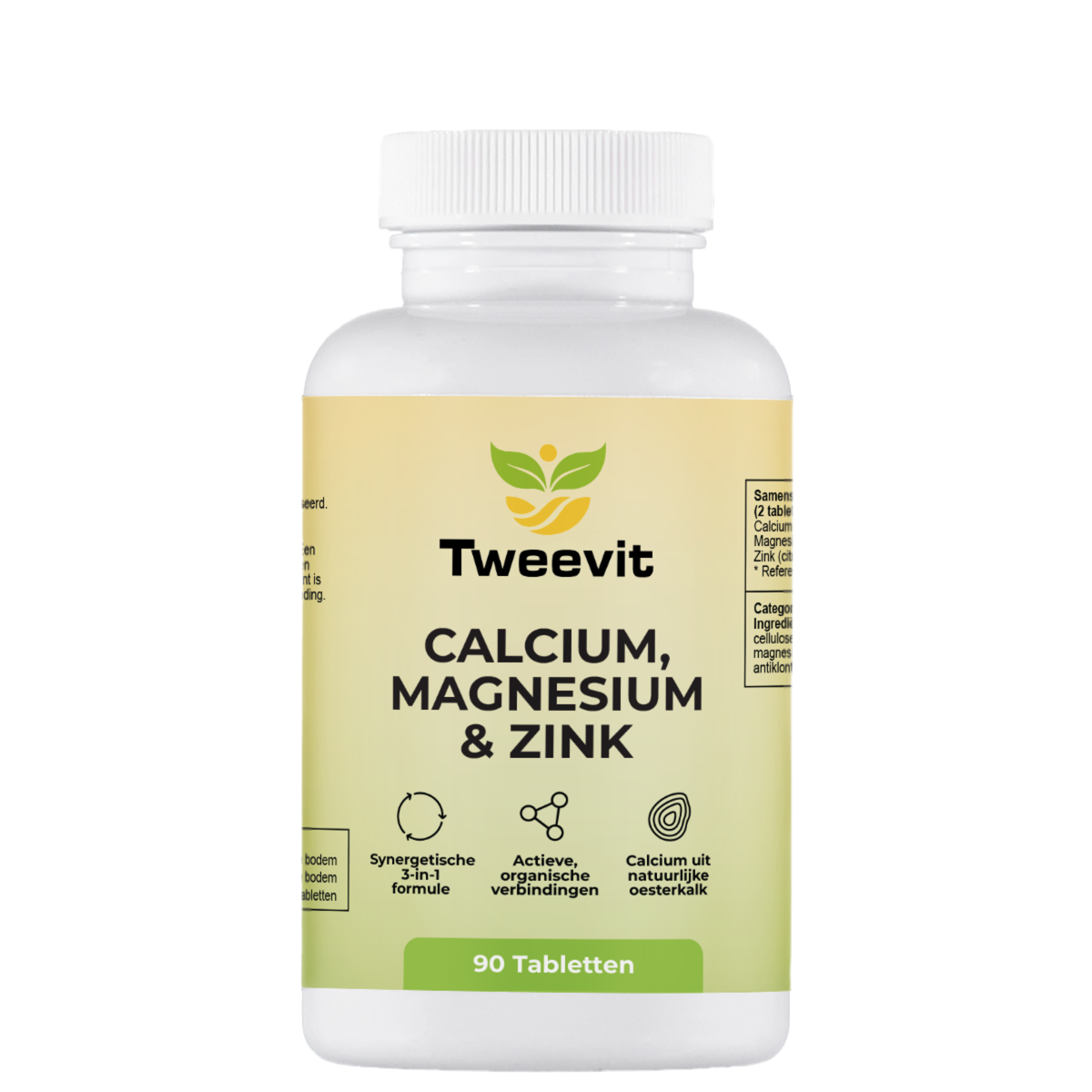 Tweevit Calcium, Magnesium en Zink – Synergetische 3-in-1 formule met natuurlijke oesterkalk en actieve organische verbindingen voor botten, spieren en immuunsysteem.